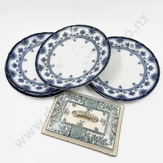 Six Victorian Blue and White Plates with other