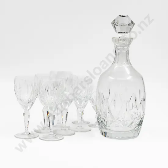 Set of Six Crystal Sherry Glasses with Two Others & Glass Decanter