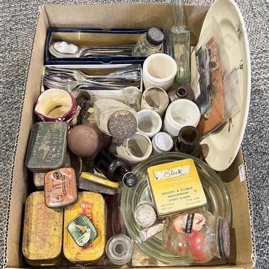 Box Qty of Assorted Vintage Including Jars and Tins etc