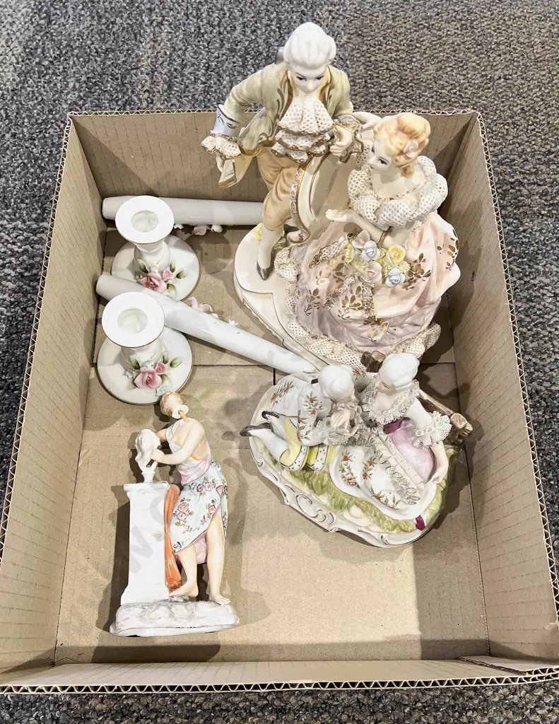 Box Qty with Pair of Candle Holders and Fancy China Figures (faults) Image 1++