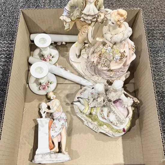 Box Qty with Pair of Candle Holders and Fancy China Figures (faults)