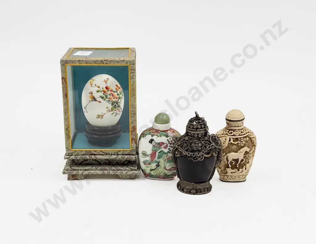 Three Snuff Bottles and Cased Decorative Egg Image 1++