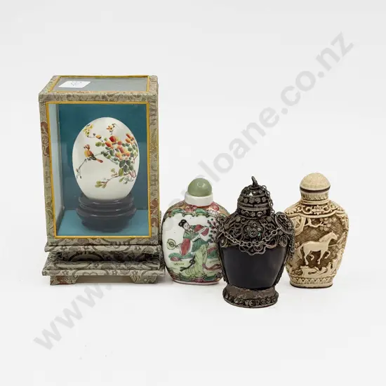 Three Snuff Bottles and Cased Decorative Egg
