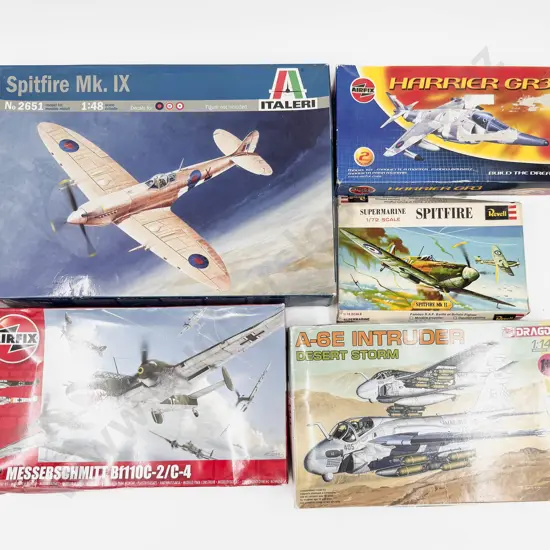 Five Various Manufacture Kit Model Fighter Planes with Some Paints