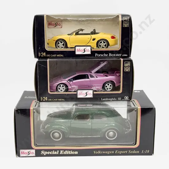 Boxed Maisto 1:18 Scale Volkswagen and Two 1:24 Porsche and Lamborghini
