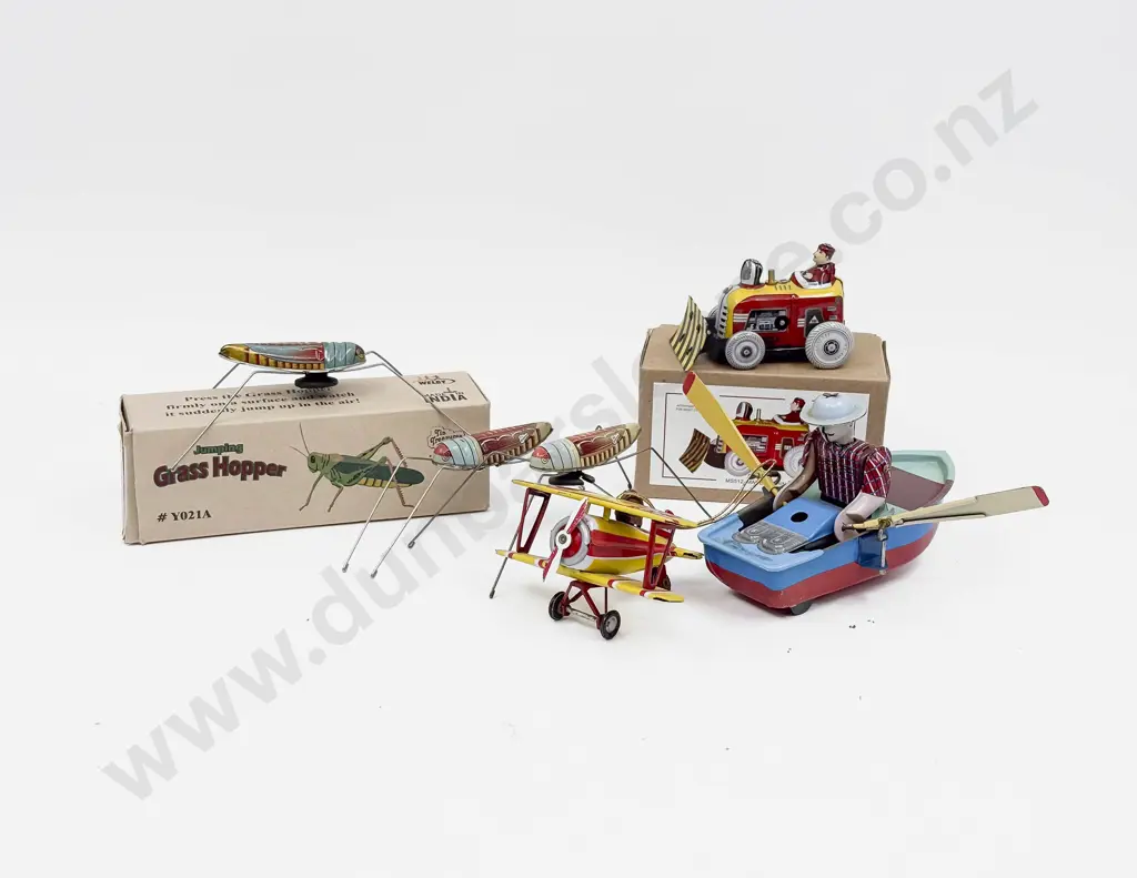 Three China Tinplate Toys and Three Jumping Grass Hoppers Image 1++