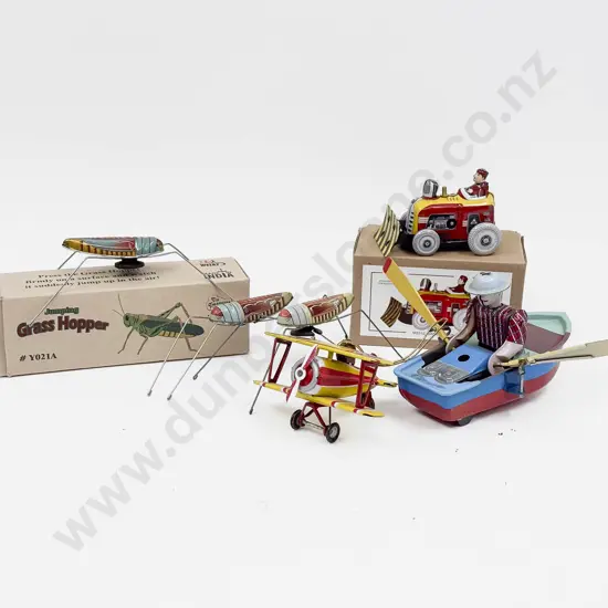Three China Tinplate Toys and Three Jumping Grass Hoppers