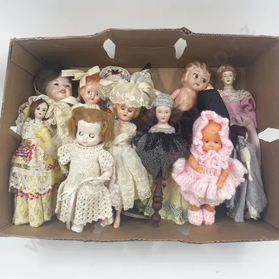 Collection of Vintage Hard Plastic with New Dolls House Dolls and Some Clothing