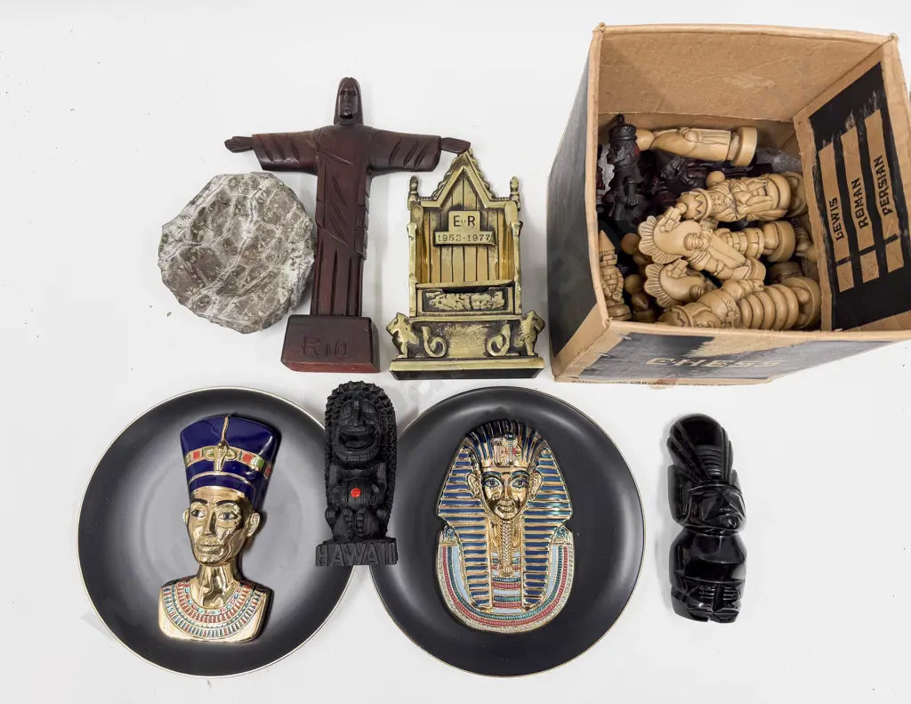Box Qty of Assorted incl Resin Chess Pieces (One Missing) & Brass Throne Money Box etc Image 1++