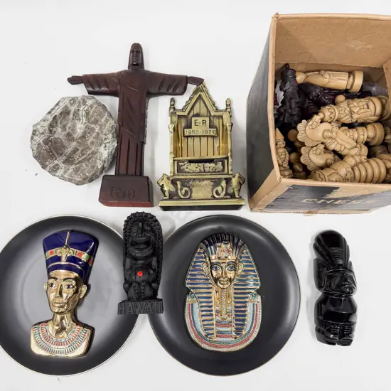 Box Qty of Assorted incl Resin Chess Pieces (One Missing) & Brass Throne Money Box etc
