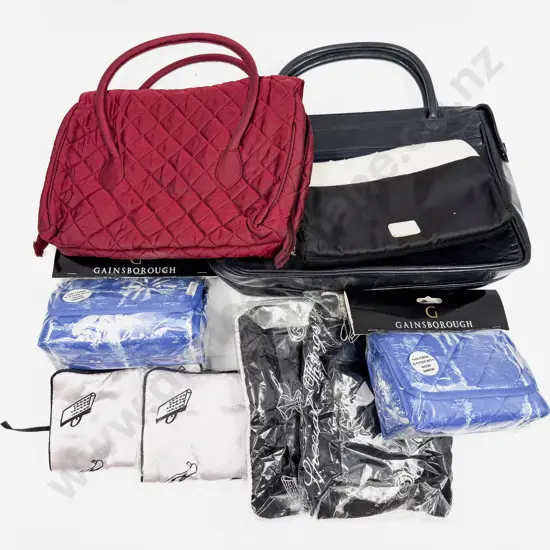Black Leather Handbag with Collection of Vanity Bags