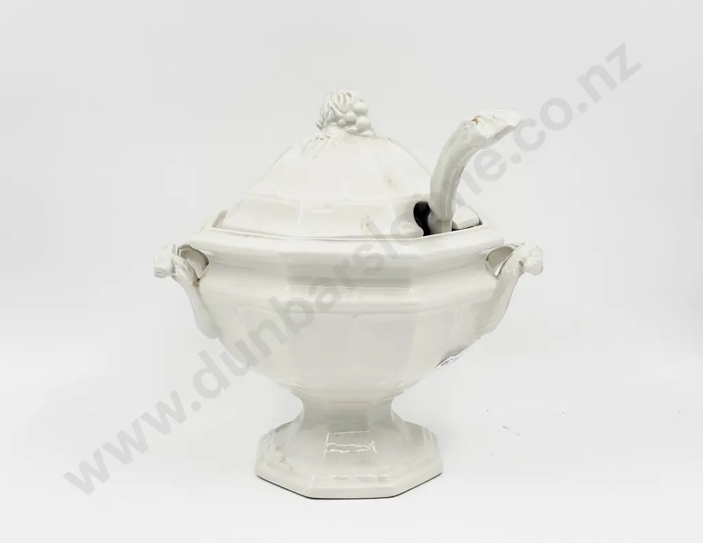 Large White Glazed Lidded Tureen with Ladle Image 1++
