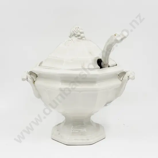 Large White Glazed Lidded Tureen with Ladle