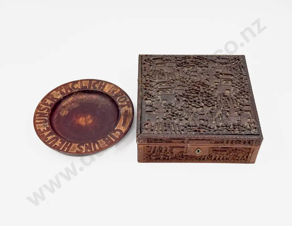 C18thWooden German Dish with Carved Jewellery Box Image 1++
