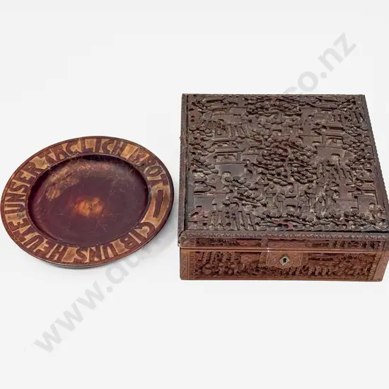 C18thWooden German Dish with Carved Jewellery Box