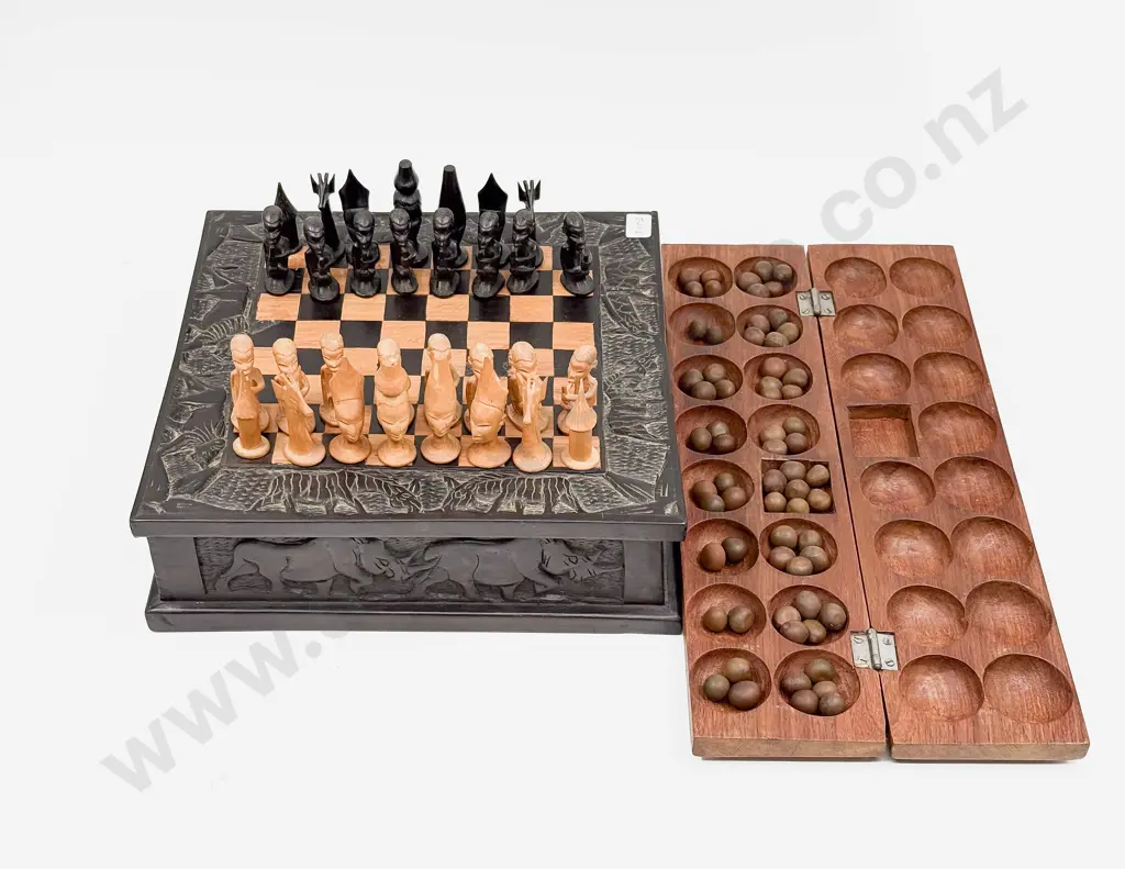Carved Chess Box with Chess Board Top & Chess Pieces Compartment Image 1++