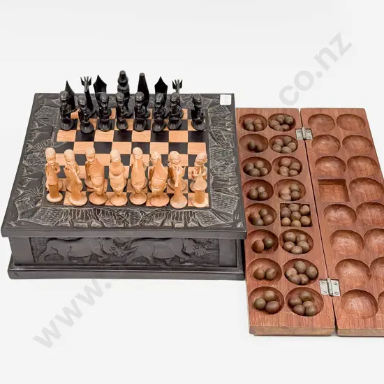 Carved Chess Box with Chess Board Top & Chess Pieces Compartment