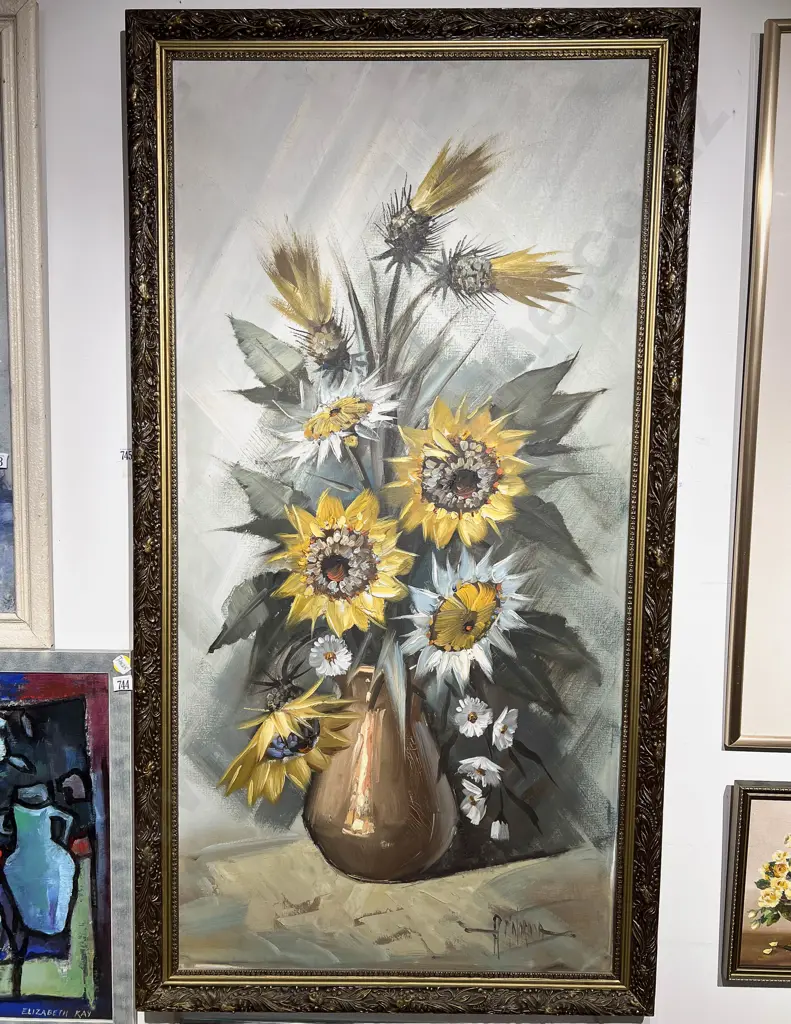 Indistinctly Signed - Still Life "Sunflowers" - Oil on Canvas Image 1++