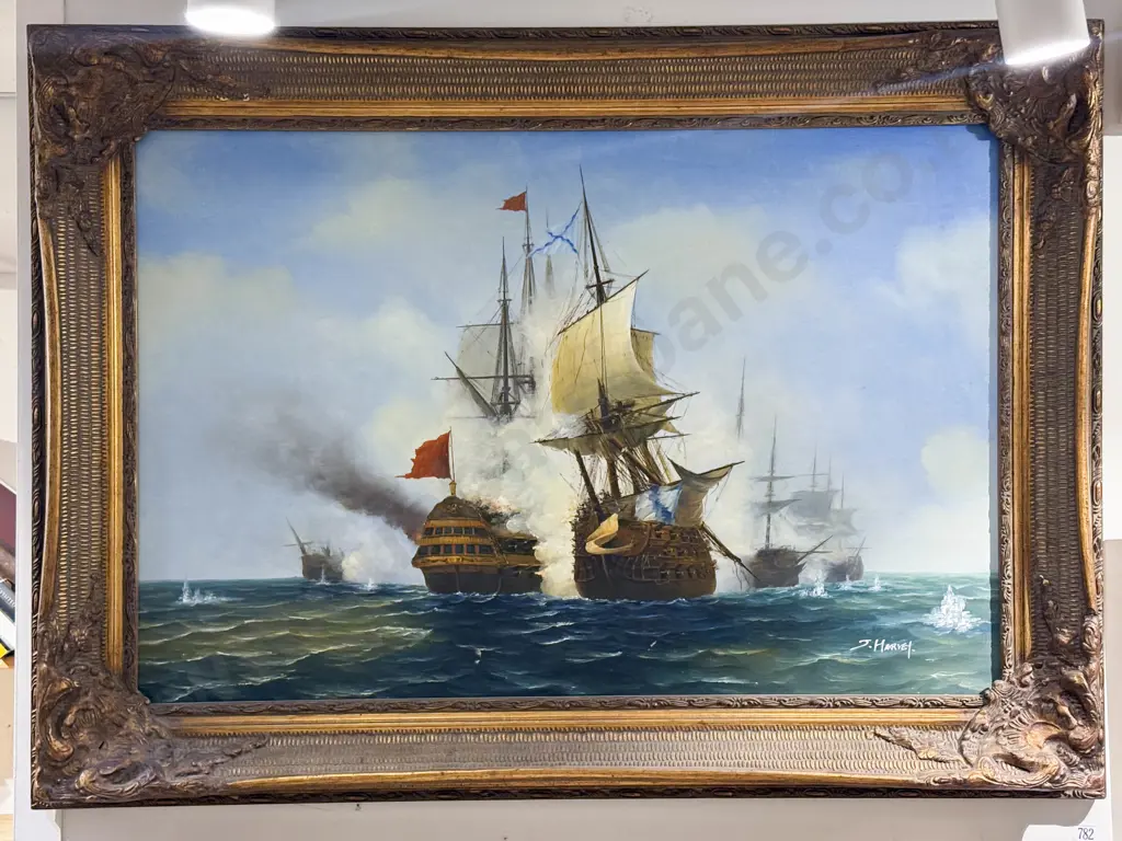 J. Harvey -  Study of a Naval Battle - Oil on Board Image 1++
