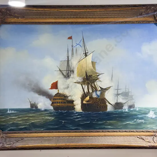 J. Harvey -  Study of a Naval Battle - Oil on Board