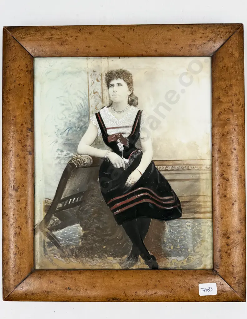 Overpainted Photographic Portrait on Tile with Birds Eye Maple Frame Image 1++