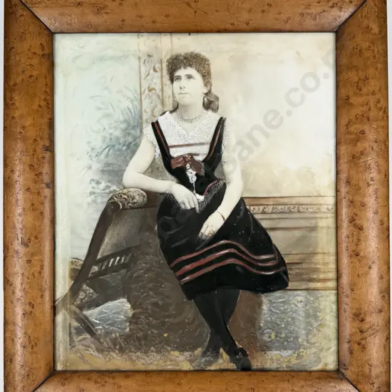Overpainted Photographic Portrait on Tile with Birds Eye Maple Frame