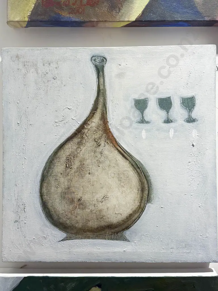 Paul Vincent - "Bottle Looking at Three Glasses" - Acrylic on Canvas Image 1++