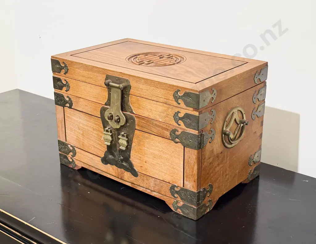 Chinese Brass Bound Jewellery Box with Fitted Interior Image 1++