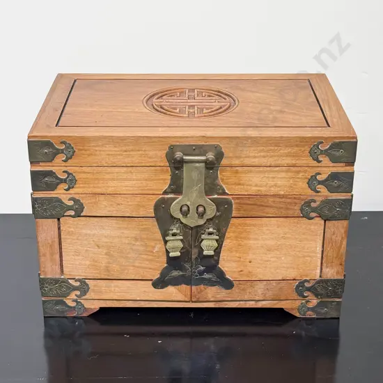 Chinese Brass Bound Jewellery Box with Fitted Interior