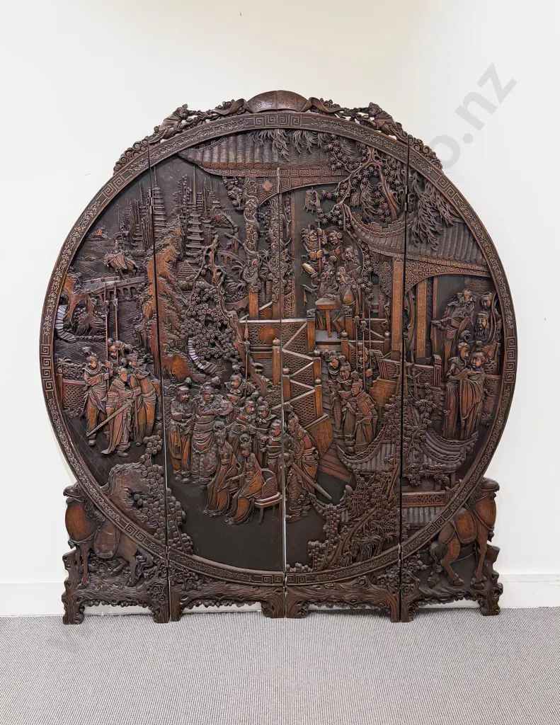 Large Heavily Carved Chinese Four Panel Screen Image 1++