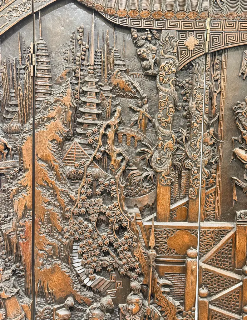 Large Heavily Carved Chinese Four Panel Screen Image 1++