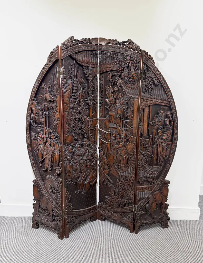 Large Heavily Carved Chinese Four Panel Screen Image 1++
