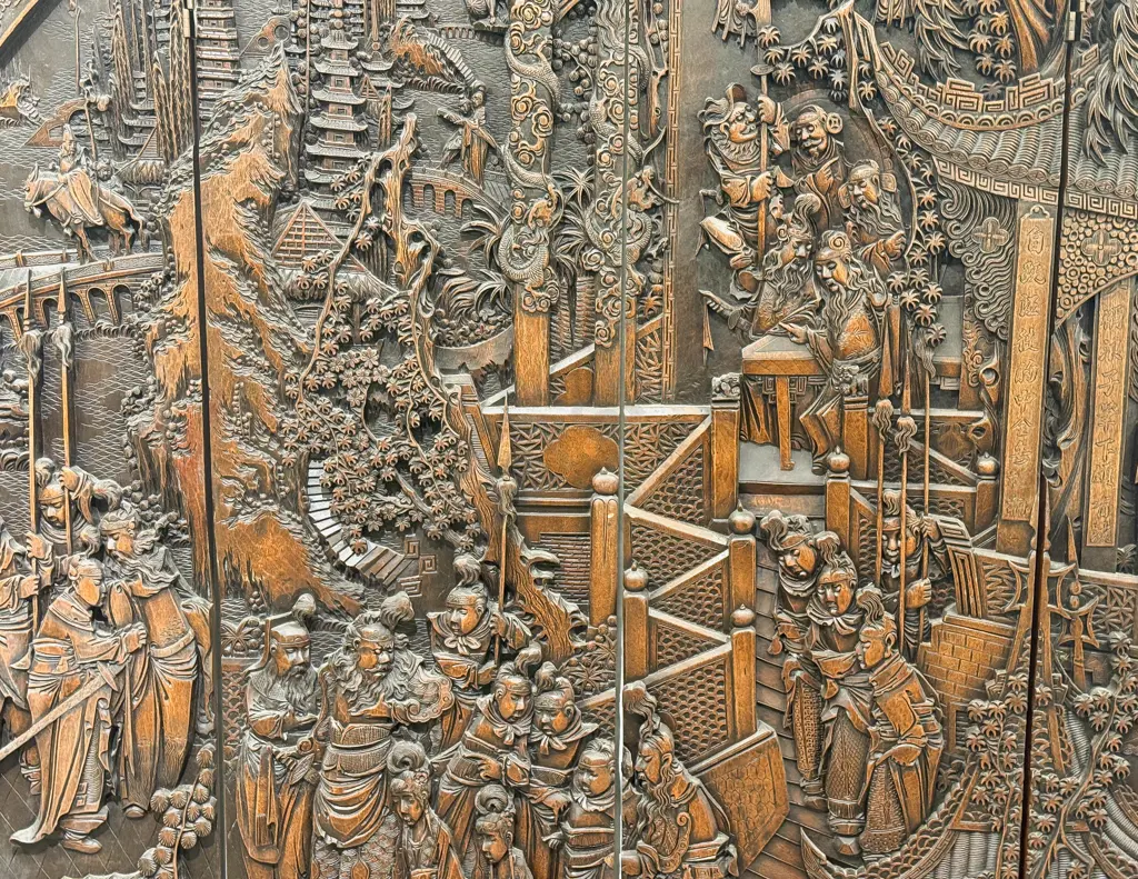 Large Heavily Carved Chinese Four Panel Screen Image 1++