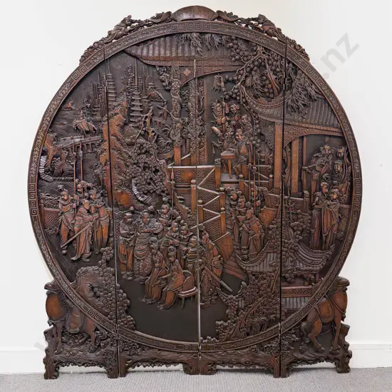 Large Heavily Carved Chinese Four Panel Screen