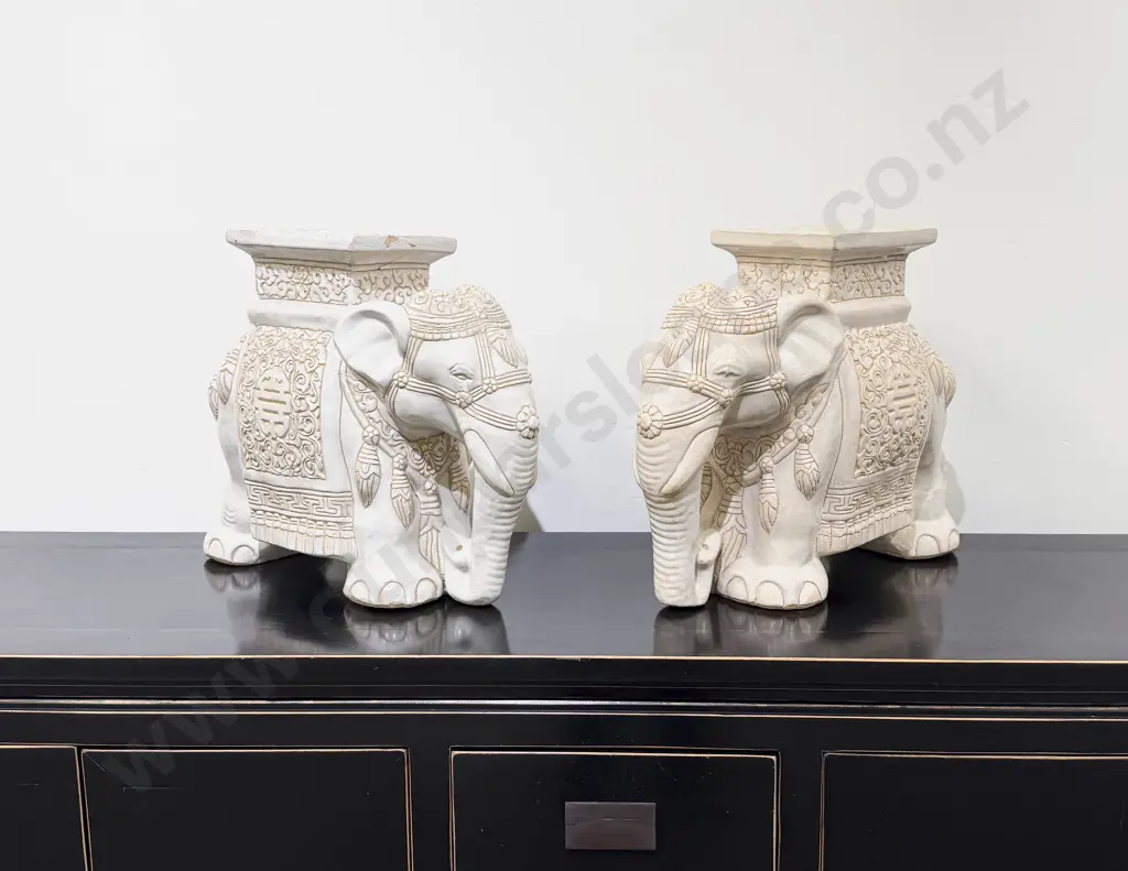 Pair of White Glazed Elephant Form Plant Stands Image 1++