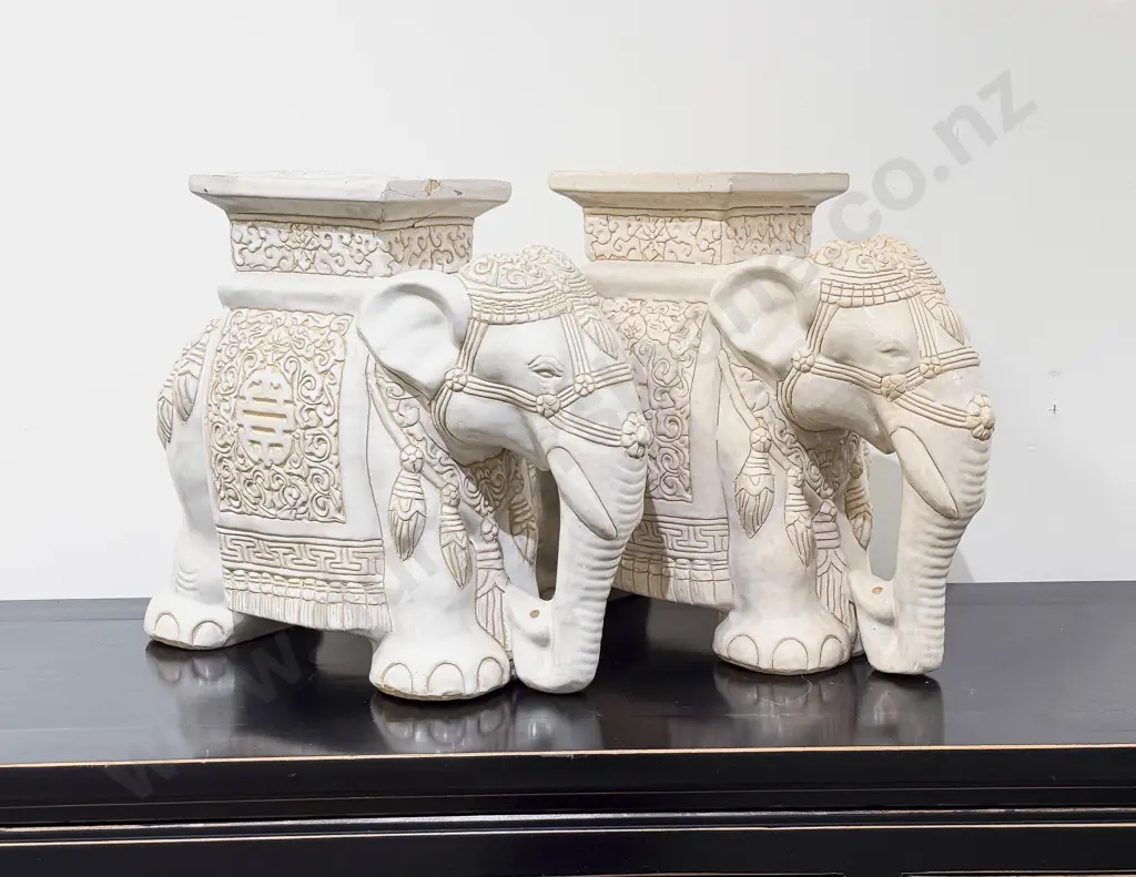 Pair of White Glazed Elephant Form Plant Stands Image 1++