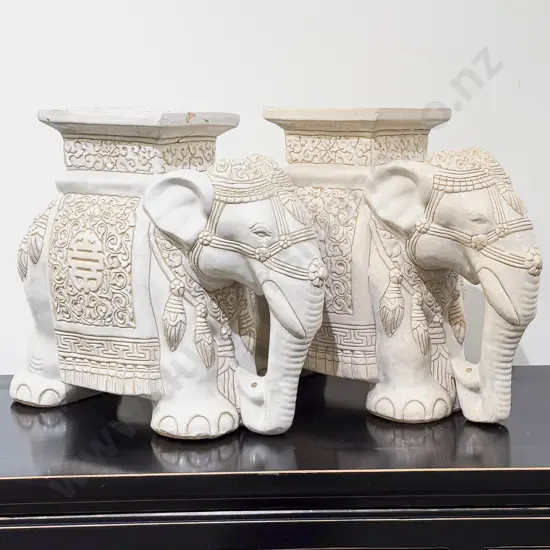 Pair of White Glazed Elephant Form Plant Stands