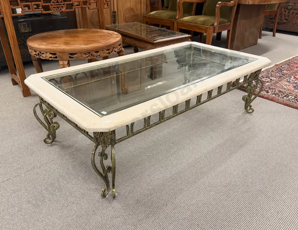 Large Bevelled Glass Top & Wrought Metal Legged Coffee Table Image 1++