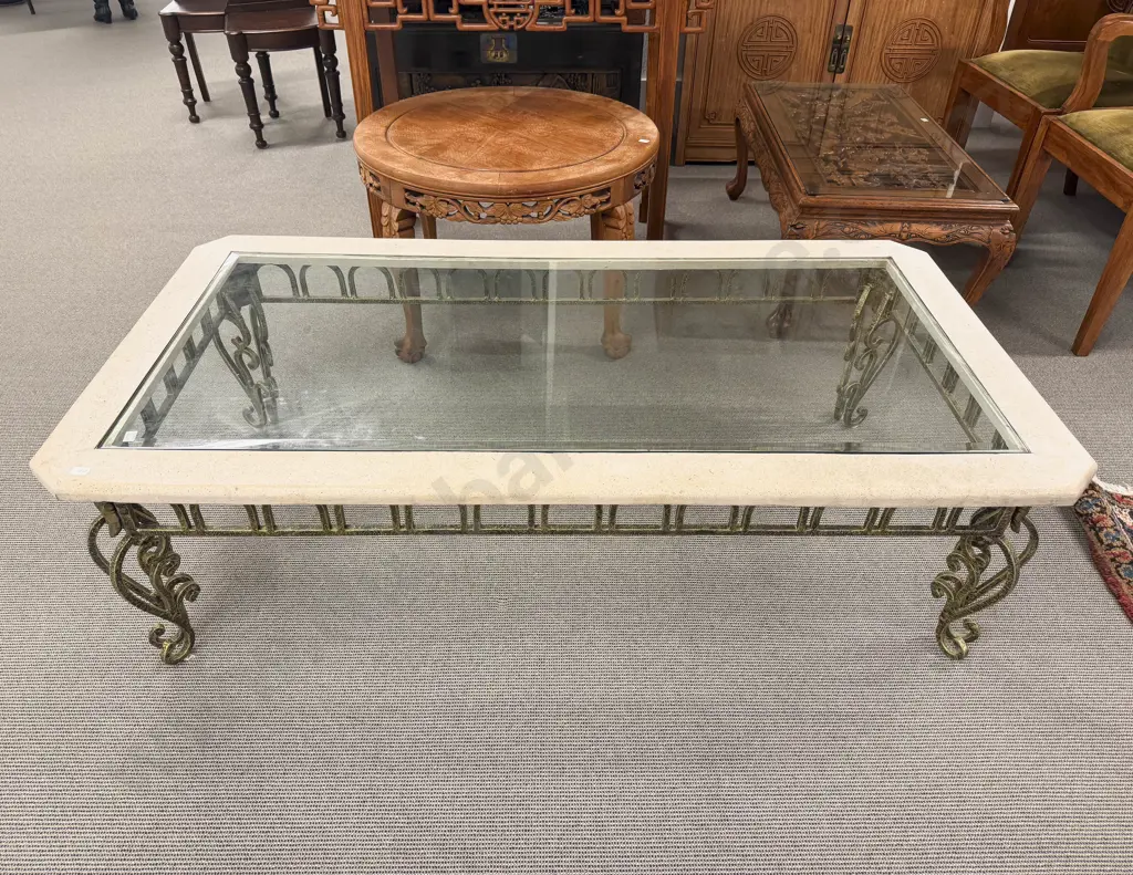 Large Bevelled Glass Top & Wrought Metal Legged Coffee Table Image 1++