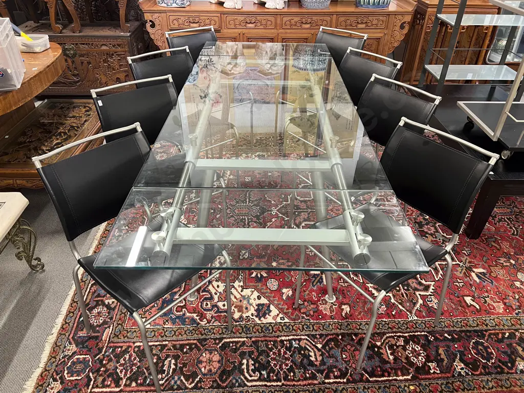 Italian Modern Design Glass Top Extension Table & Eight Leather Backed & Seated Chairs Image 1++