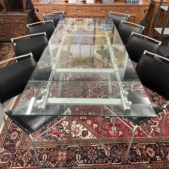 Italian Modern Design Glass Top Extension Table & Eight Leather Backed & Seated Chairs