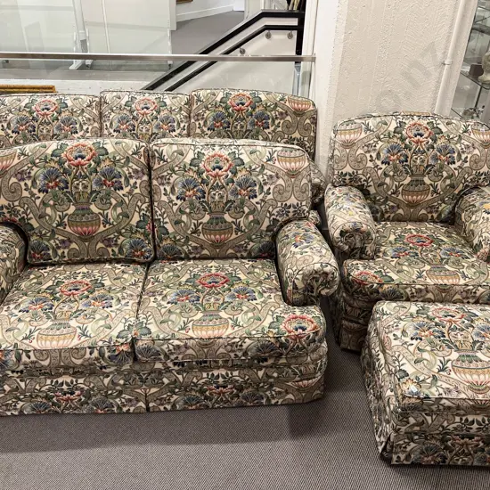 Good Quality Three Piece Upholstered Floral Chintz Lounge Suite & Matching Ottoman