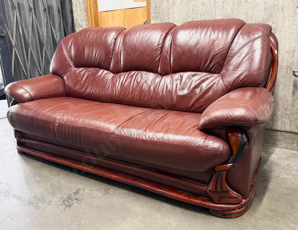 Timber Framed Leather Three Seater Sofa Image 1++