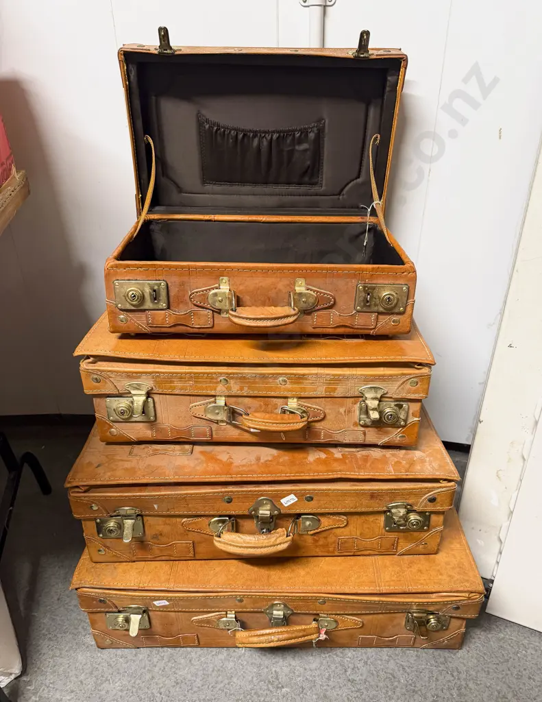 Graduated Family Set of Four Tan Leather Suitcases Image 1++