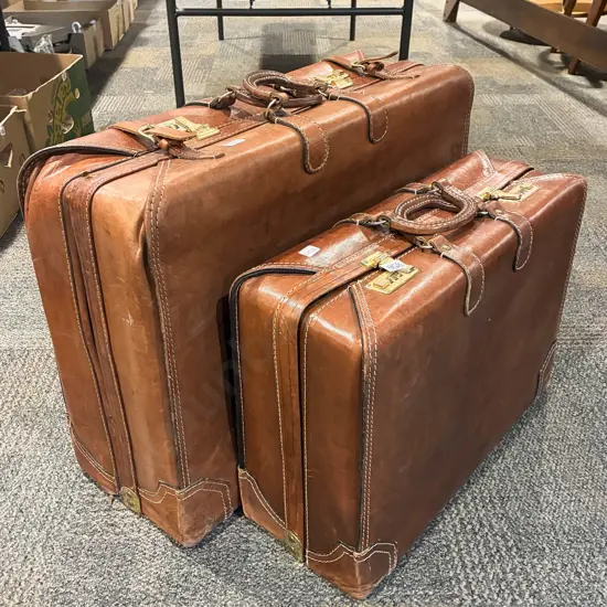 Graduated Pair of Leather Suitcases