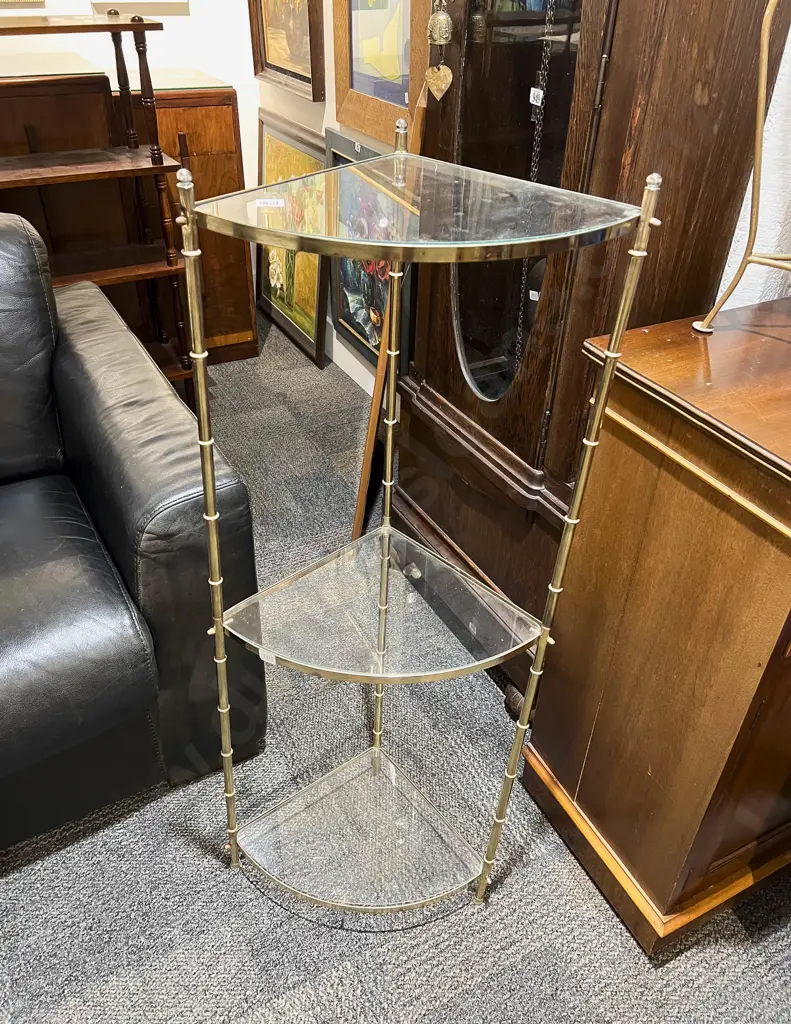 Brass & Glass Three Tier Corner Whatnot (Faults) Image 1++
