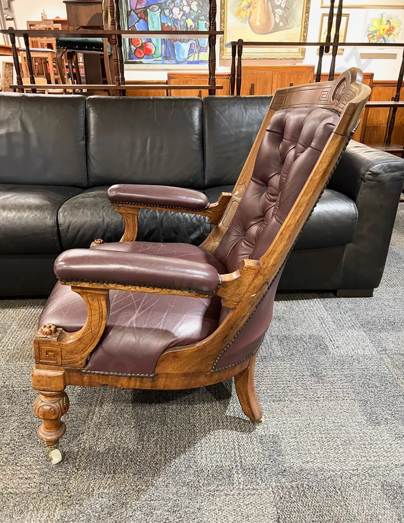 An Attractive & Good Quality Victorian Walnut and Burgundy Leather Grandfather Chair Image 1++