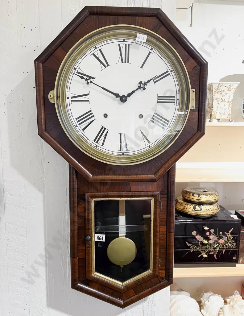 Victorian Mahogany Drop Dial Hexagonal Wall Clock Image 1++