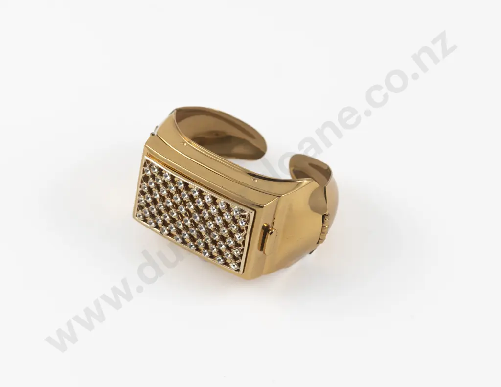 Mid 20th Century Gold Plated Rhinestone Powder Compact Cuff Bangle Image 1++