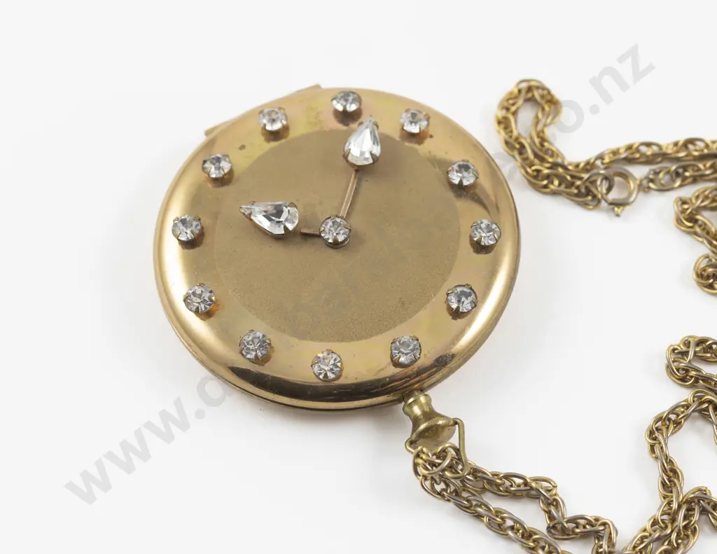 Mid 20th Century Gold Plated Rhinestone Powder Compact Pendant Image 1++